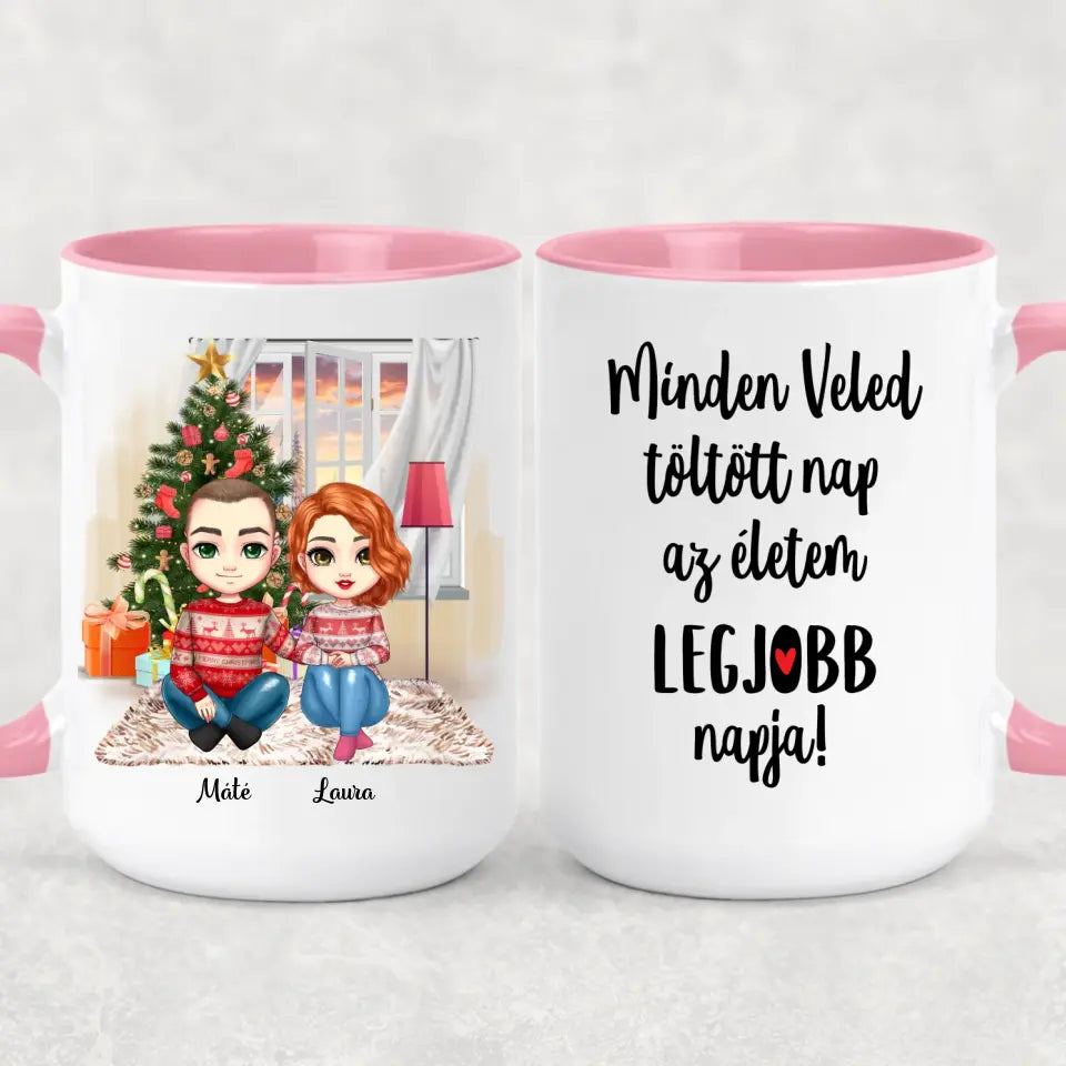 Egyedi karácsony bögre szerelmespároknak - szerelmesek a fa alatt