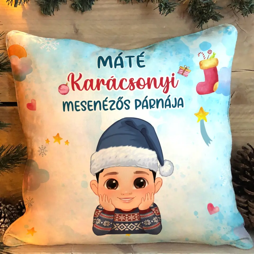 Egyedi karácsonyi mesenézős párna gyerekeknek