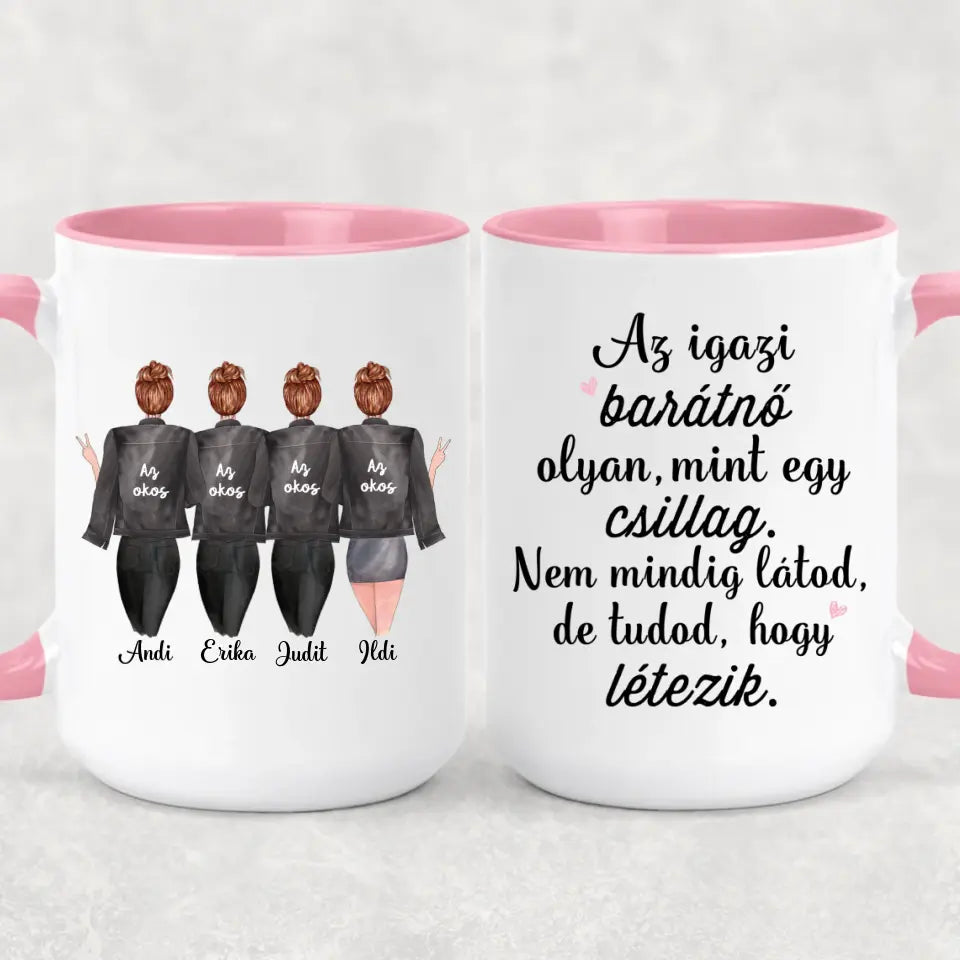 Egyedi barátnős bögre - 4 lány fekete dzsekivel
