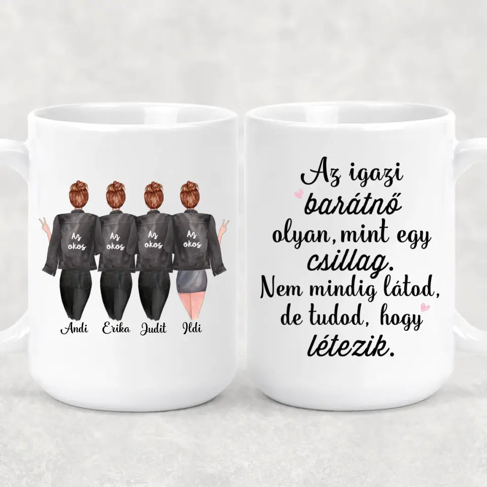 Egyedi barátnős bögre - 4 lány fekete dzsekivel
