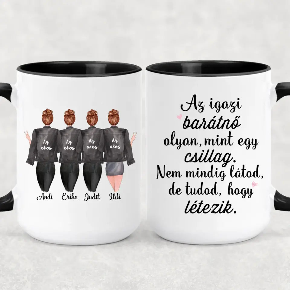 Egyedi barátnős bögre - 4 lány fekete dzsekivel