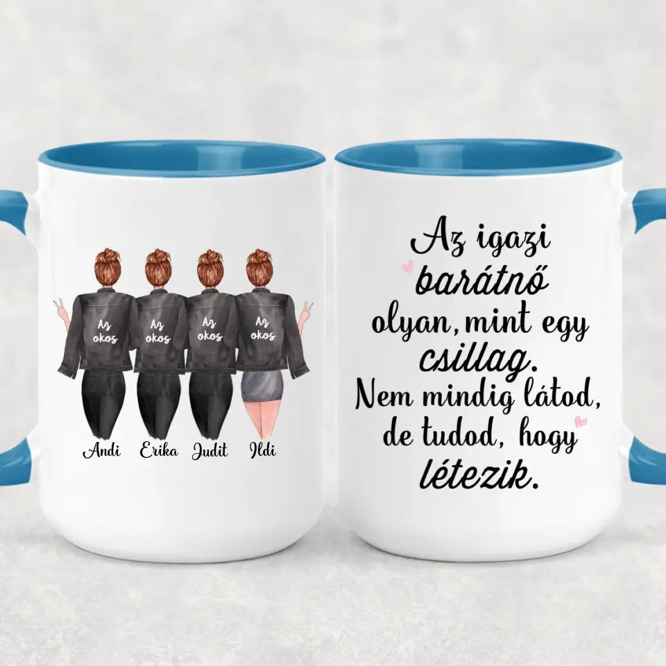 Egyedi barátnős bögre - 4 lány fekete dzsekivel