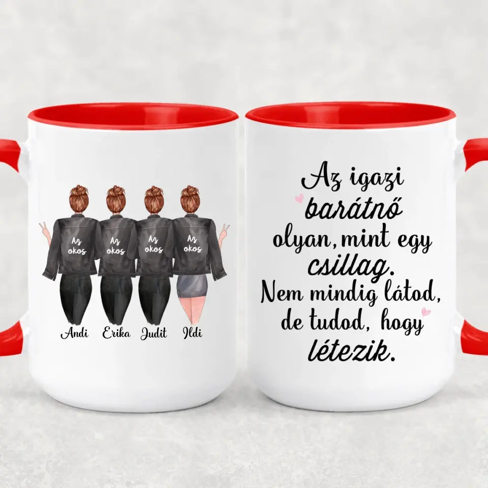 Egyedi barátnős bögre - 4 lány fekete dzsekivel