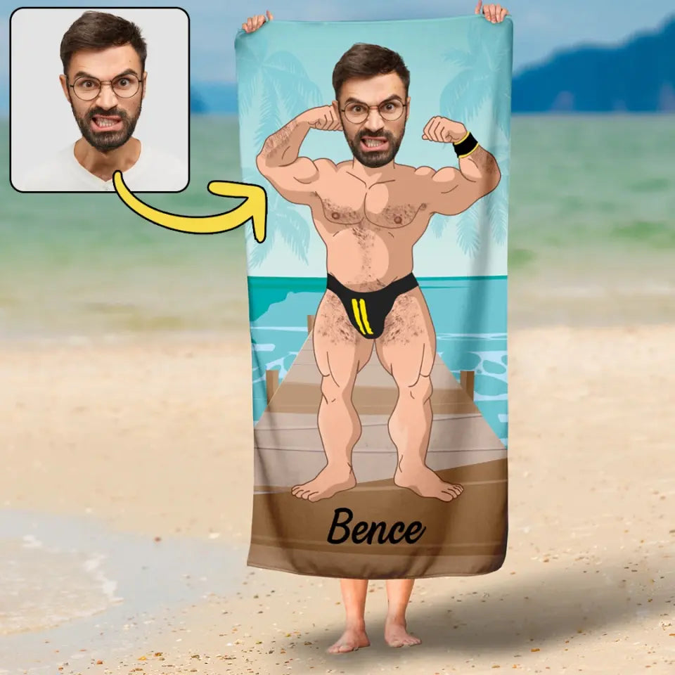 Egyedi vicces strandtörölköző fiúknak - saját arccal
