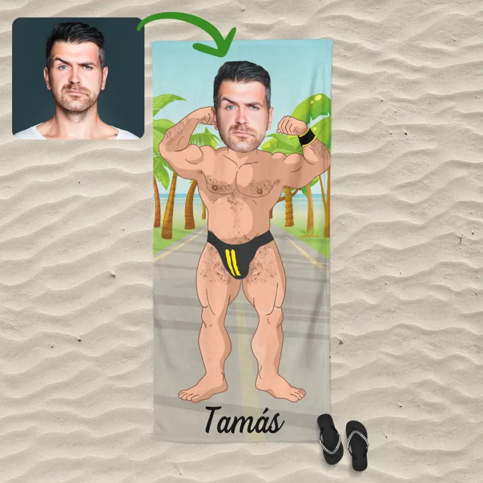 Egyedi vicces strandtörölköző fiúknak - saját arccal