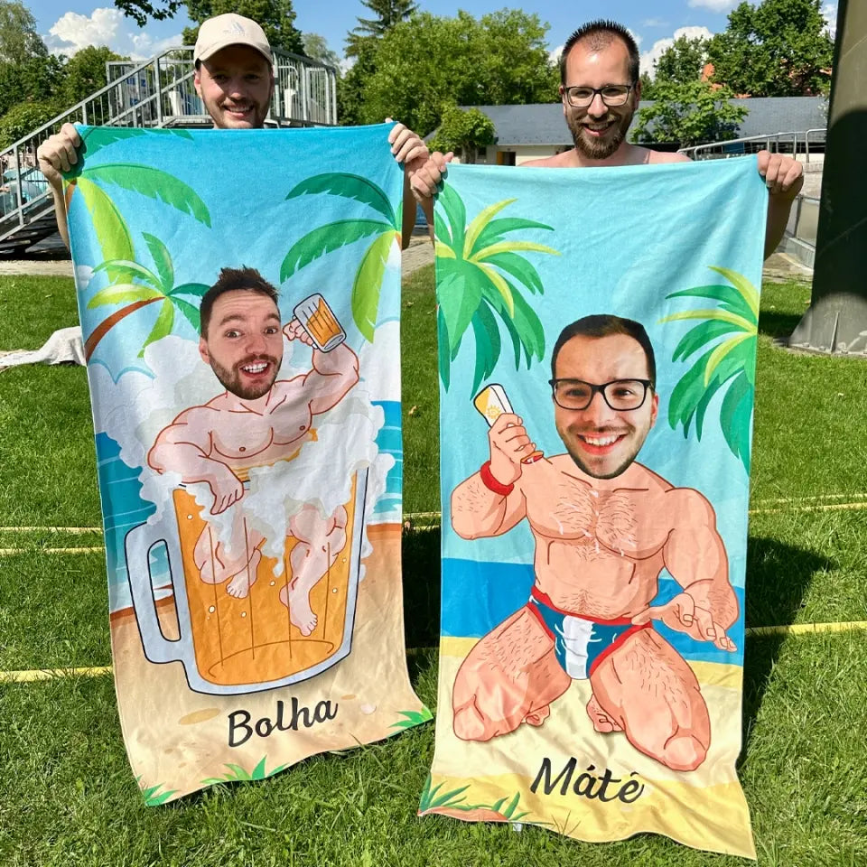 Egyedi vicces strandtörölköző fiúknak - söröskorsó