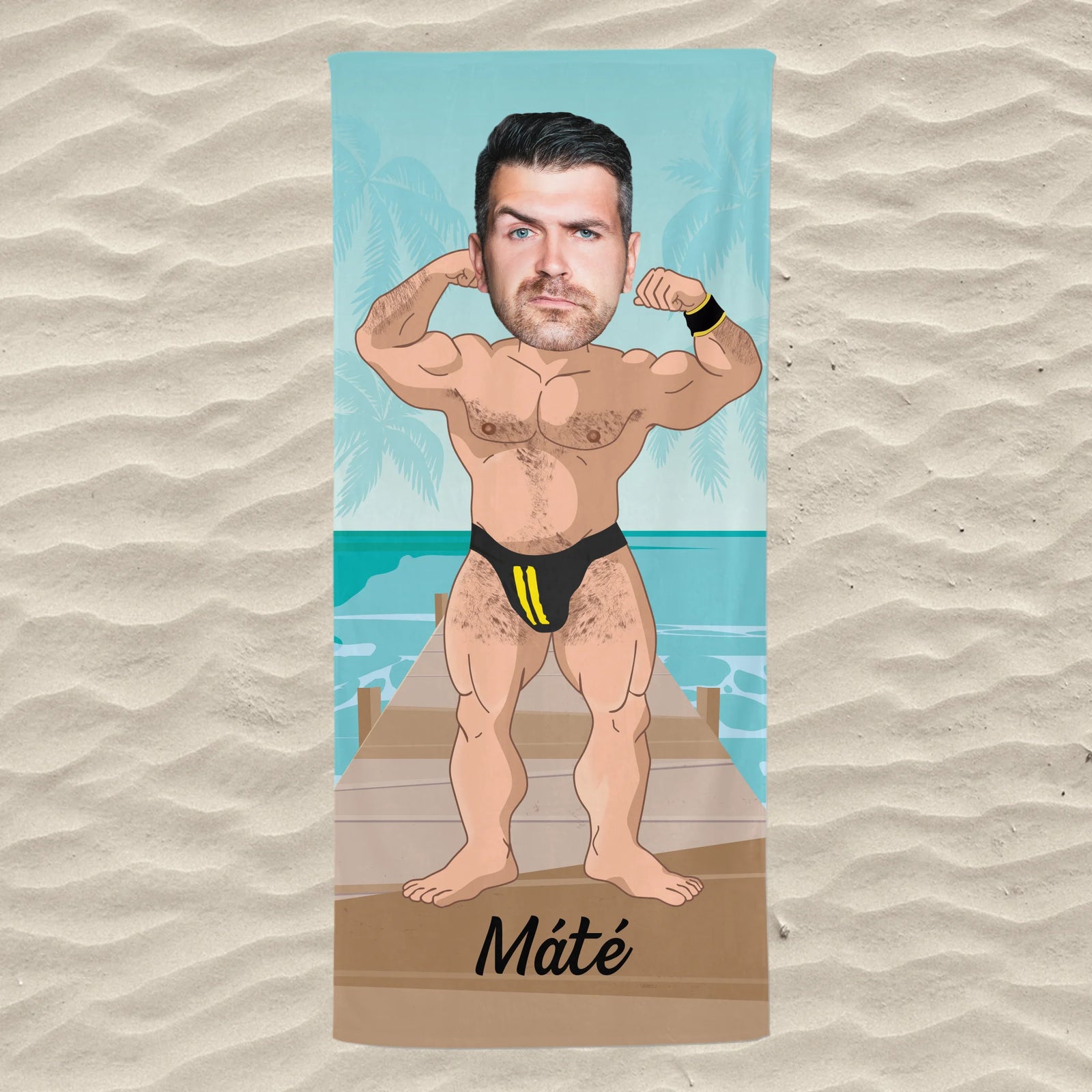 Egyedi vicces strandtörölköző fiúknak - saját arccal