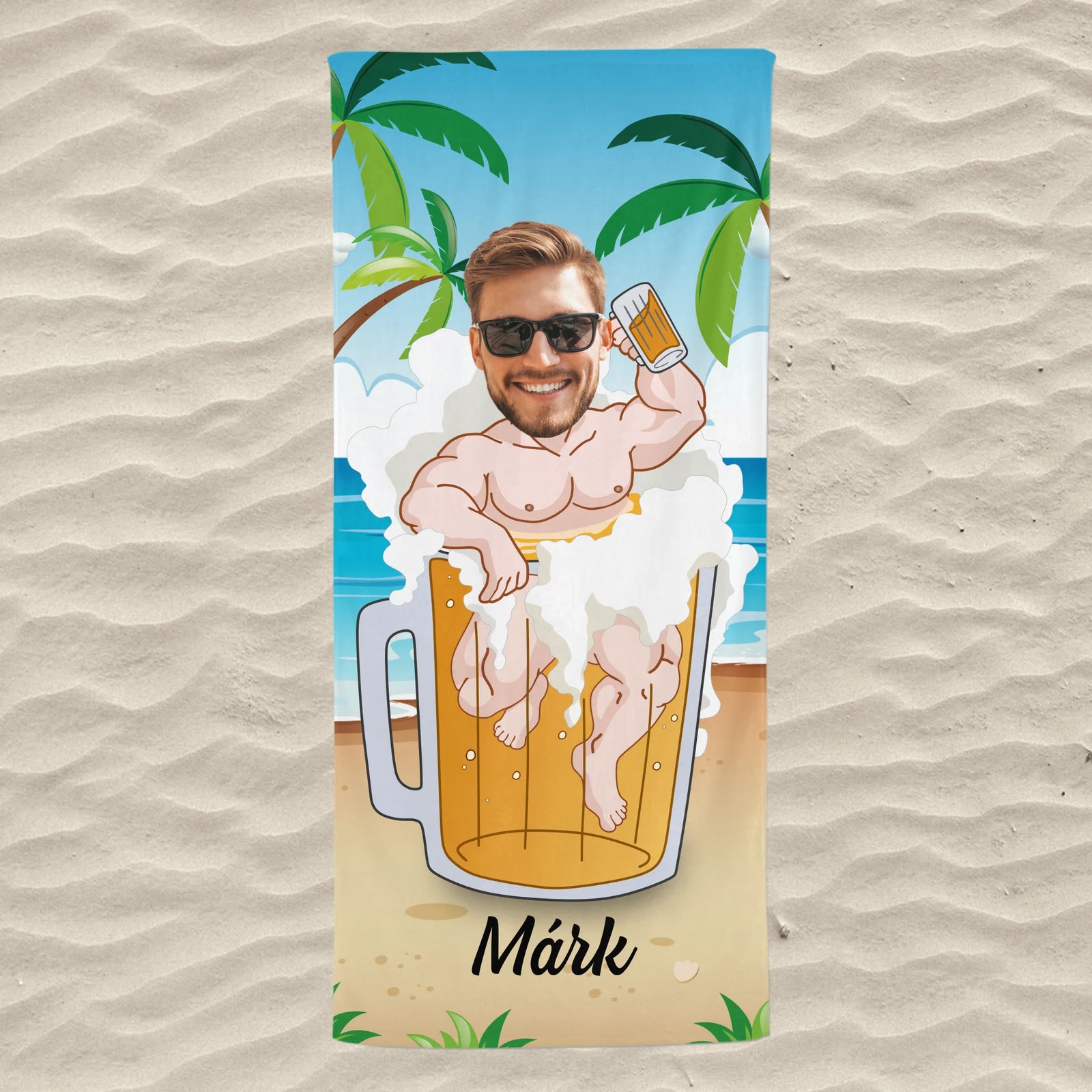 Egyedi vicces strandtörölköző fiúknak - söröskorsó