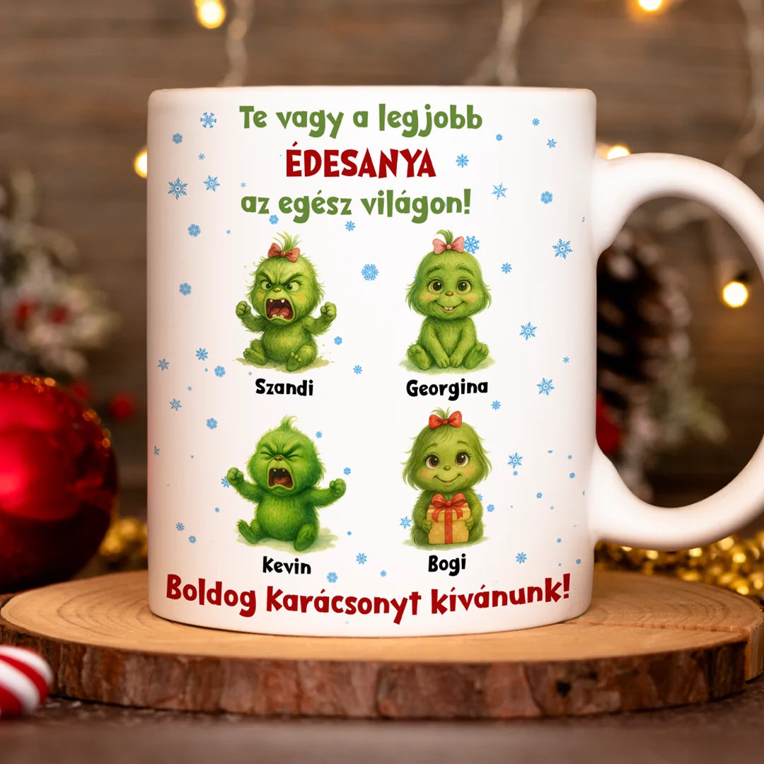 Egyedi karácsonyi grincses bögre - akár 8 gyermekkel