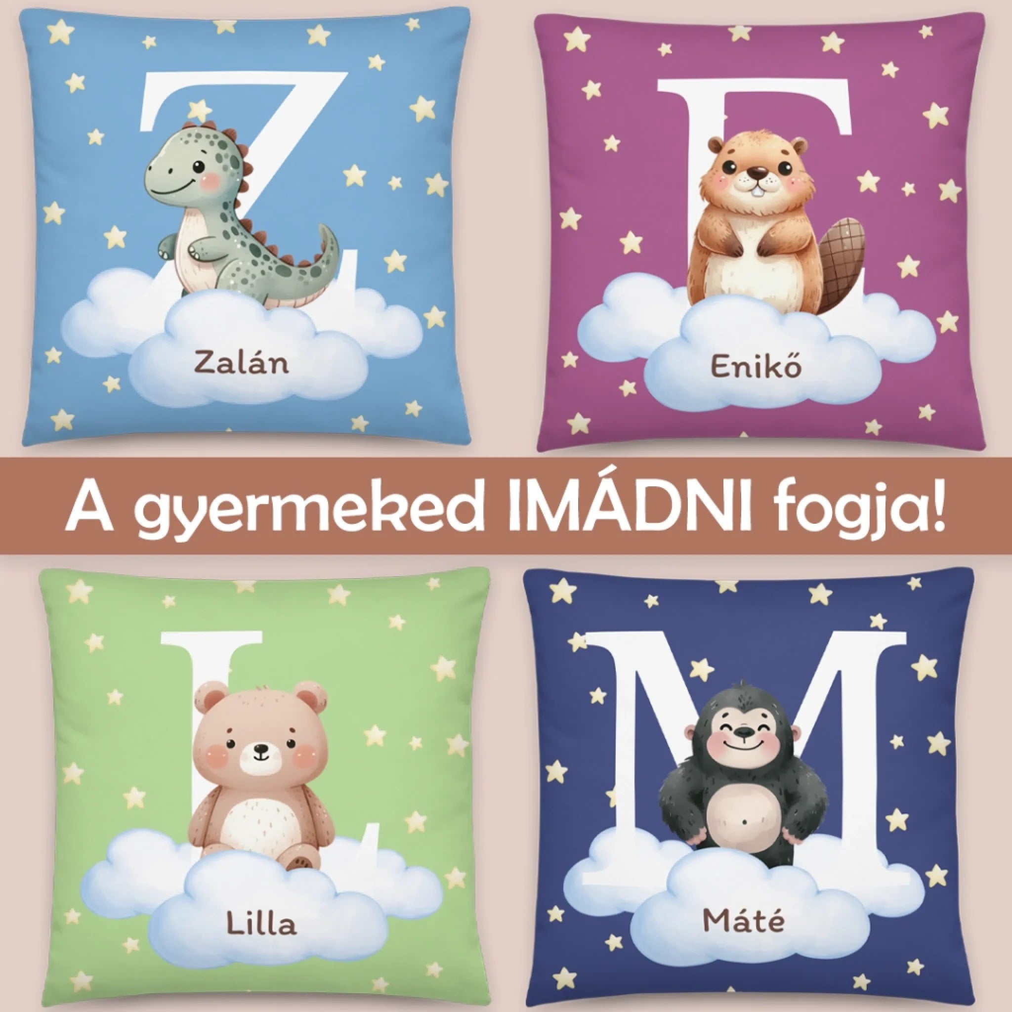 Egyedi párna gyerekeknek, saját névvel - cuki állatok6