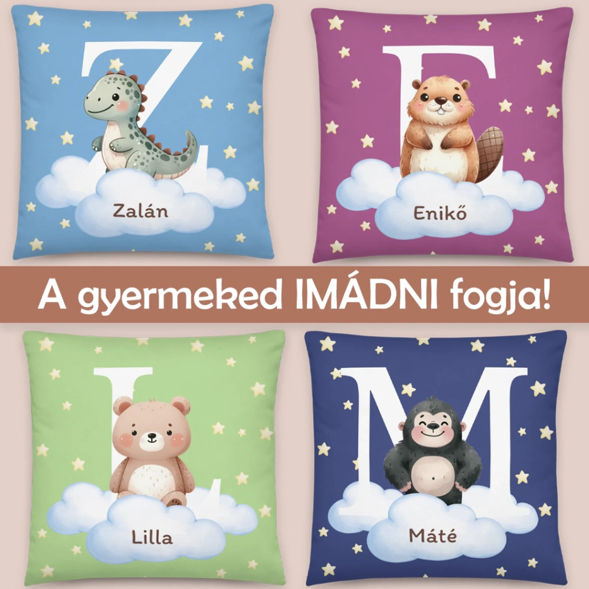 Egyedi párna gyerekeknek, saját névvel - cuki állatok6