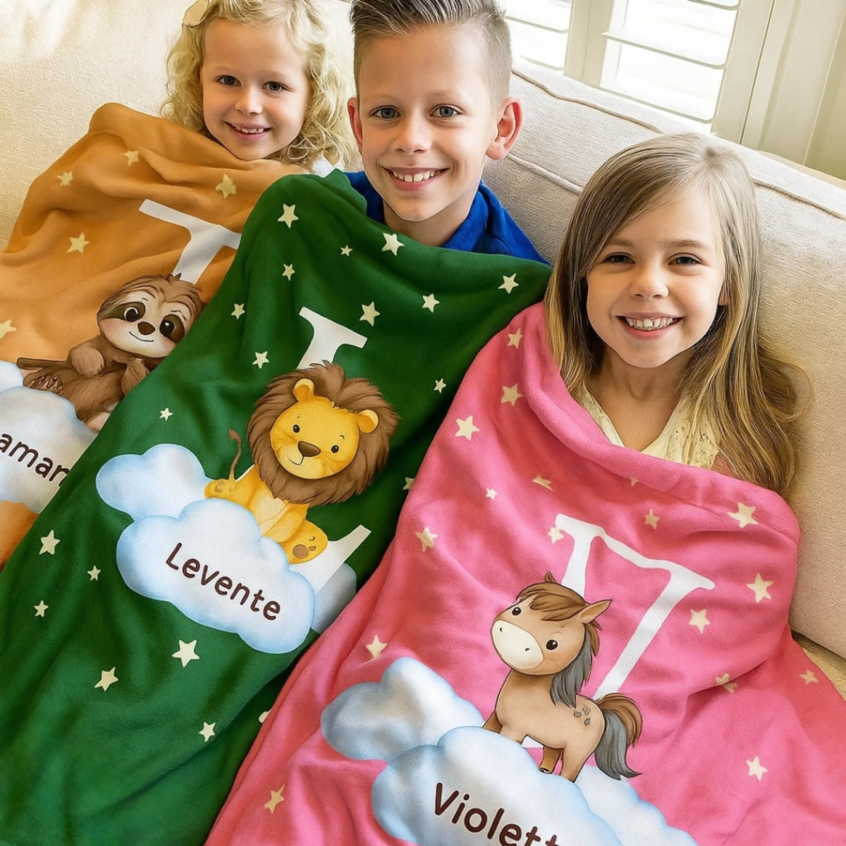 Egyedi pléd gyerekeknek, saját névvel - cuki állatok3