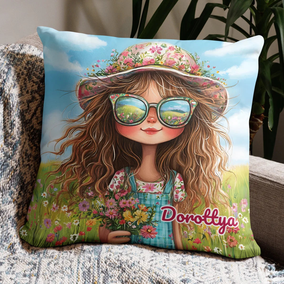 Egyedi cuki, bohókás lány párna virágos háttérrel - saját névvel