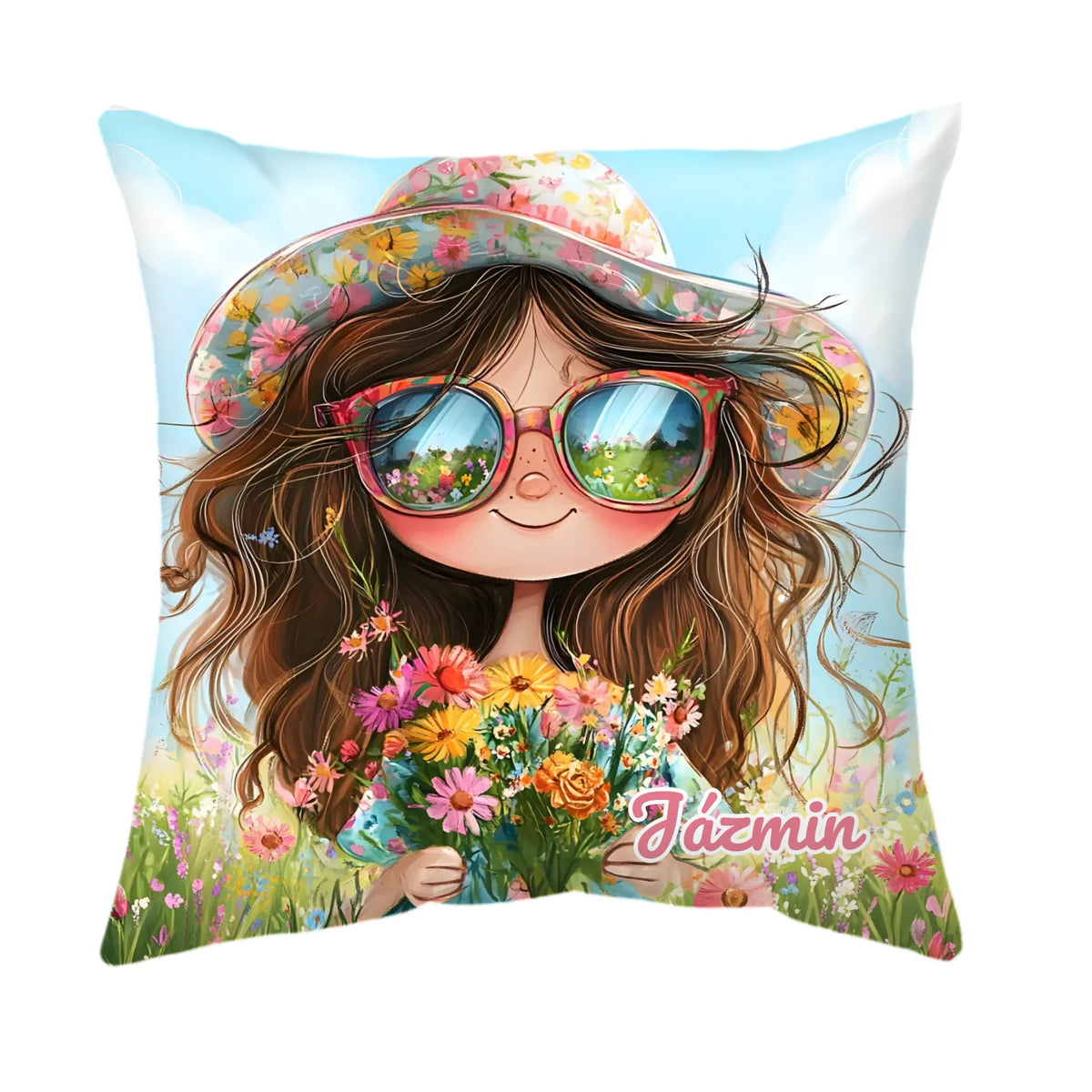Egyedi cuki, bohókás lány párna virágos háttérrel - saját névvel