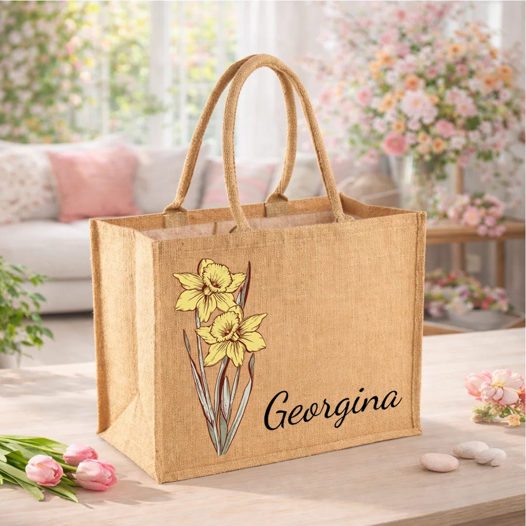 Egyedi juta táska - születésnapi virággal és névvel