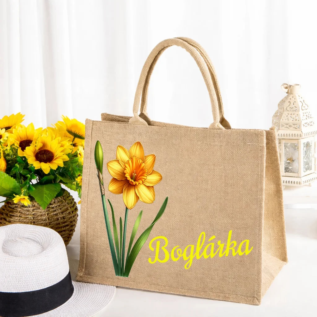 Egyedi juta táska - saját névvel és virággal