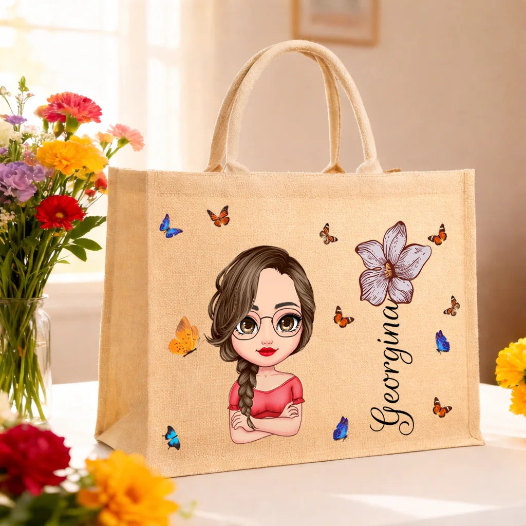 Egyedi juta táska - saját chibi karakterrel és névvel
