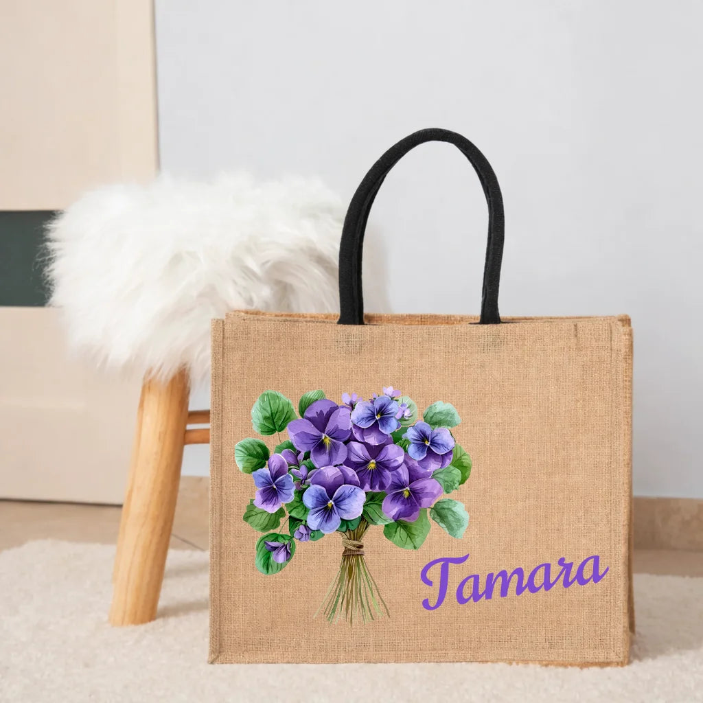 Egyedi juta táska - saját névvel és virágcsokorral