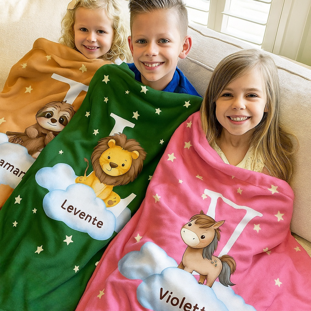 Egyedi pléd gyerekeknek, saját névvel - cuki állatok